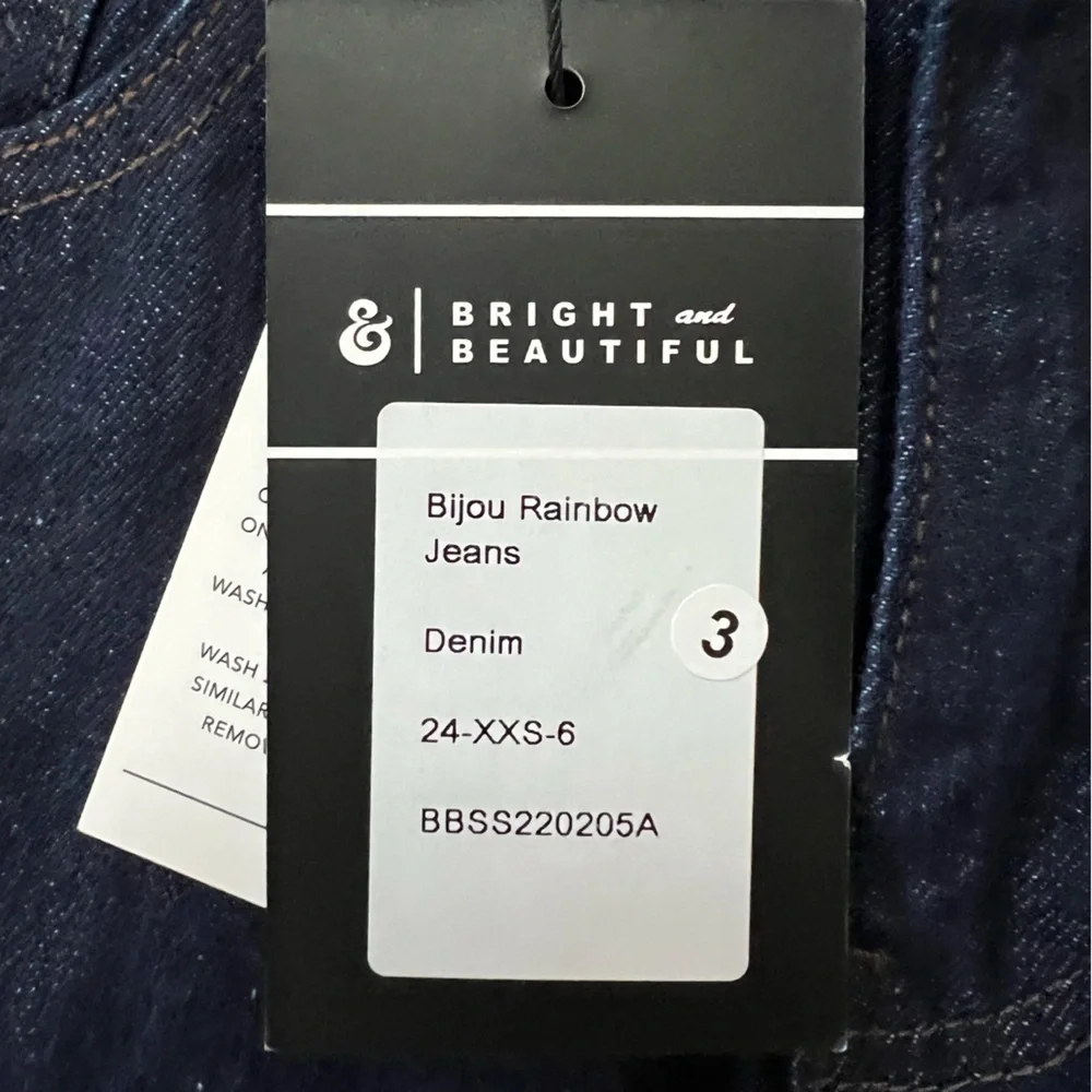 Bright & Beautiful NWT Bijou Rainbow Straight Leg Dark Wash Jeans, XXS/UK6 - Picture 9 of 13